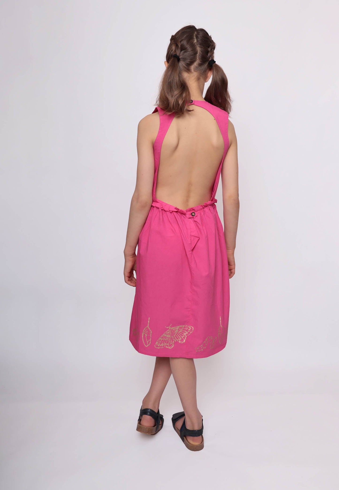 Hot Pink Dress with Cutout Back and Hand Block Print