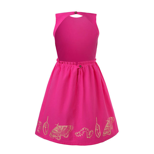 Hot Pink Dress with Cutout Back and Hand Block Print