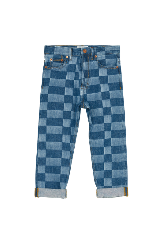 OLLIBIS Blue Denim Checkers - 5-Pocket Tapered Fit Jeans