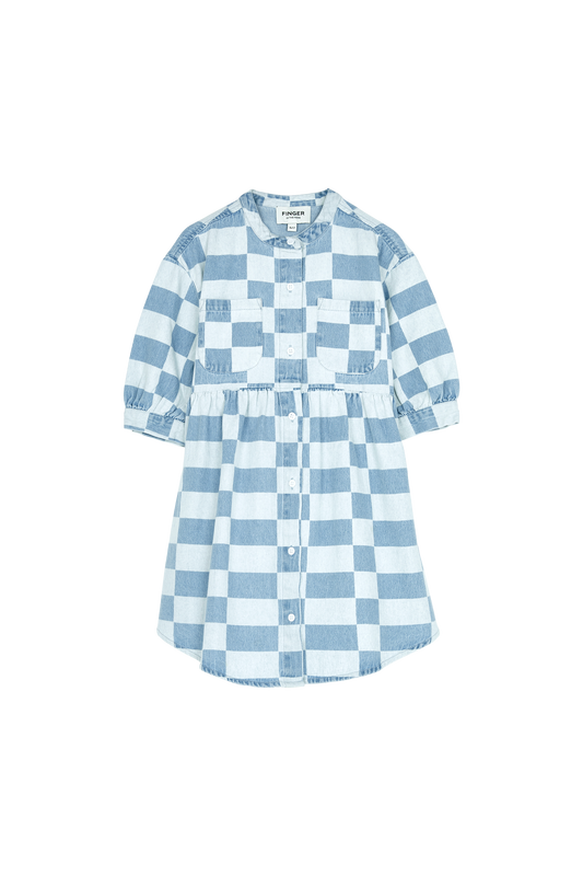 SWING Blue Denim Checkers - Short Sleeve Shirt Dress